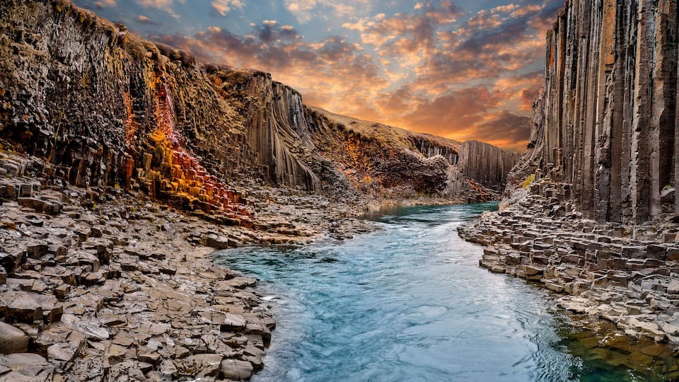 Breathtaking view of Studlagil basalt canyon, Iceland, Europe.