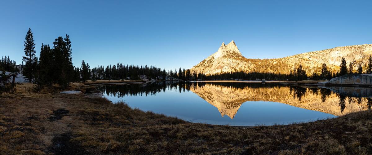 Cathedral Peak & Upper Cathedral Lake at Golden Hour