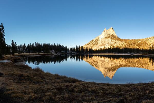 Cathedral Peak & Upper Cathedral Lake at Golden Hour
