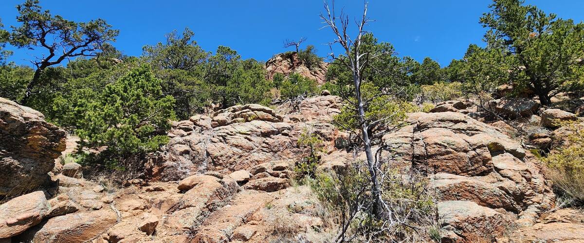 A view of a rocky trail up Shaggy Peak in the Santa Fe National Forest, New Mexico.