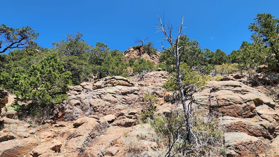 A view of a rocky trail up Shaggy Peak in the Santa Fe National Forest, New Mexico.