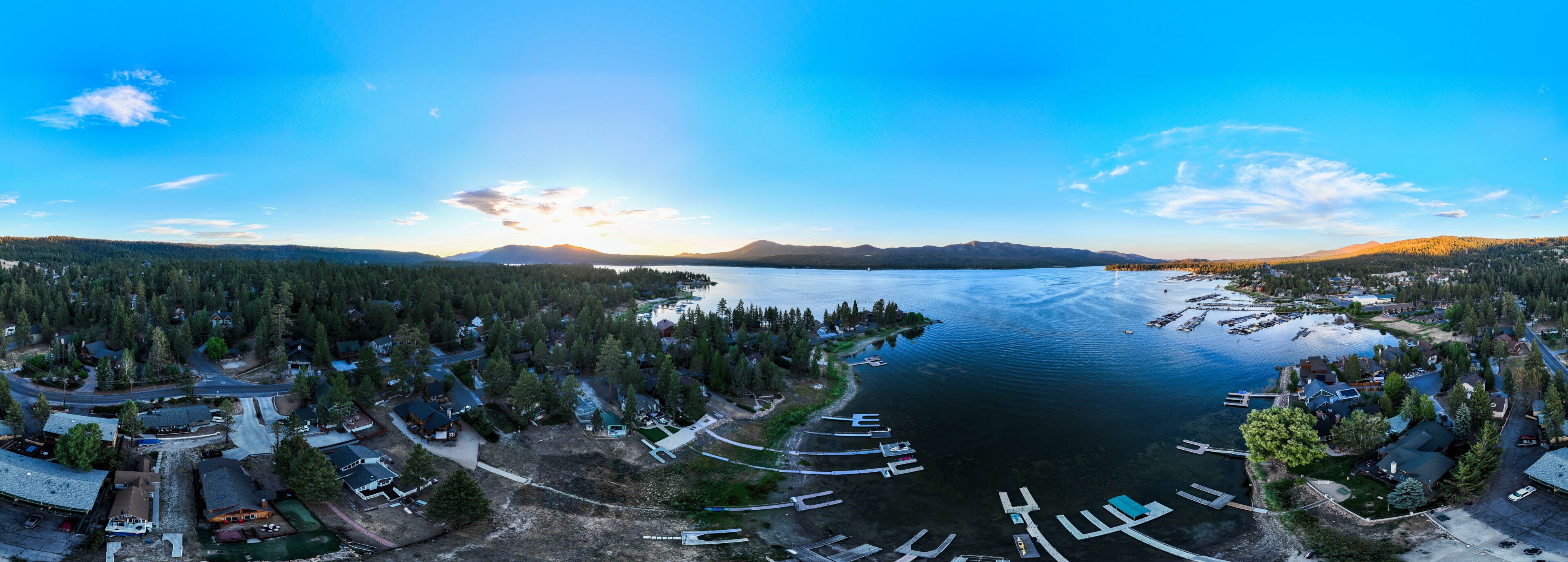 Big Bear Lake, California, July 25, 2026: Big Bear Lake, California, as seen from a UAV Drone looking at the Village and the Marina at Sunset