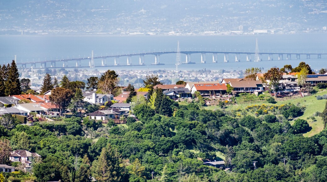 Residential neighborhood on the hills of San Francisco peninsula, Silicon Valley, San Mateo bridge in the background, California