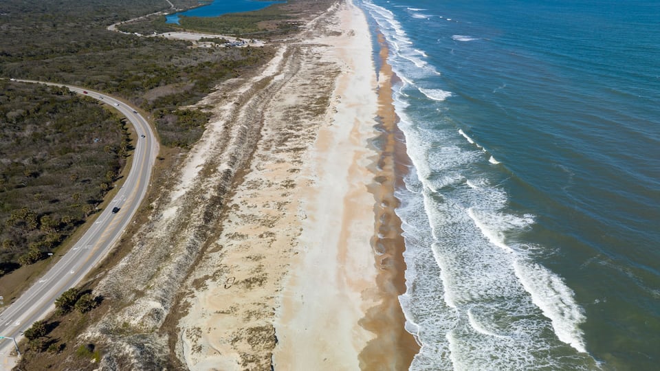 Aerial view Saint Augustine Beach during a sunny winter day in January.