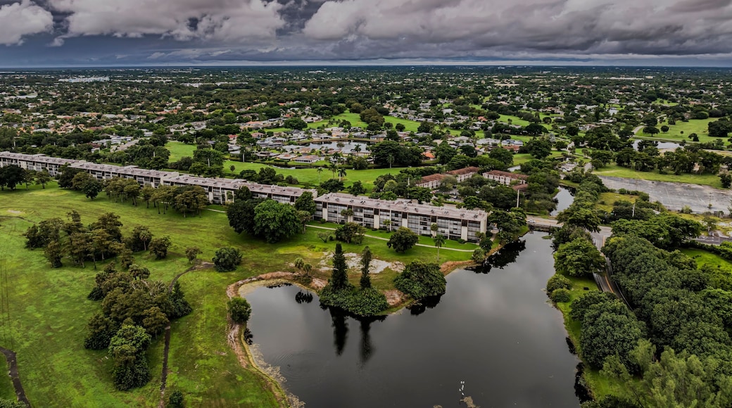 Aerial view of a suburban landscape with lush greenery under a cloudy sky. Lauderhill, Florida