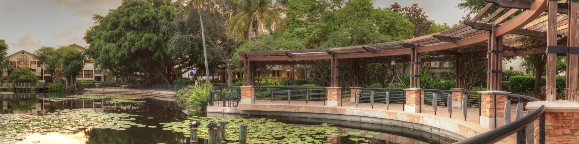 Overlooking a pond at sunset at the Garden of Hope and Courage