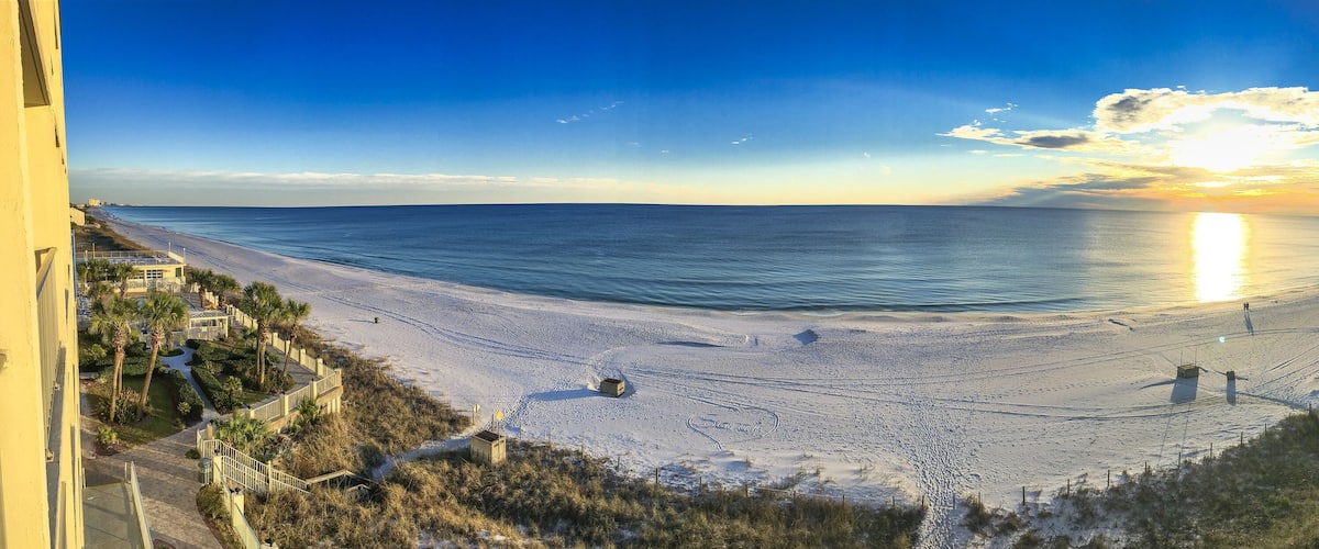 Panama City beach at sunset from hotel balcony - Panoramic view