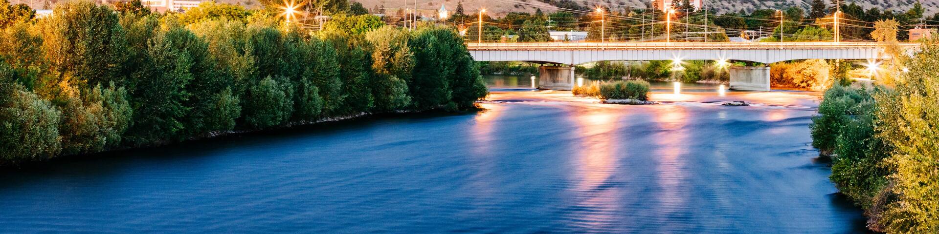 A river with a bridge, a hill with a 'M' marking, and a forested area.