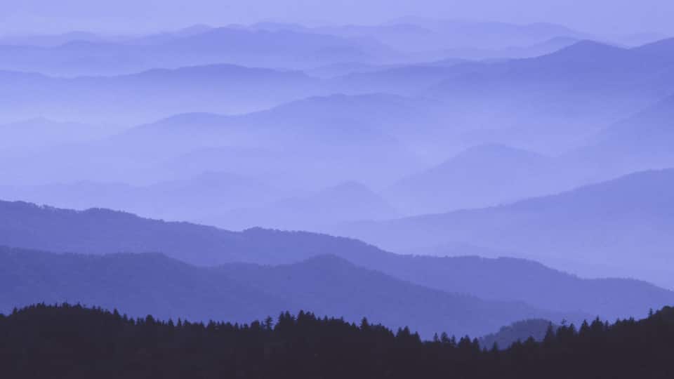 Blue Ridge Mountains of North Carolina in the first light of day, dawn, with fog in the valleys Blueridge