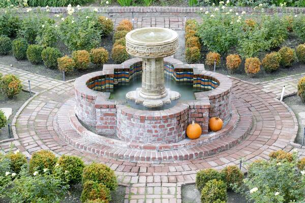 The Court of Abundance Garden and fountain at Allied Arts Guild, Menlo Park, California.