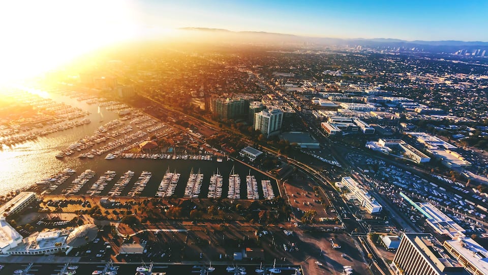 Aerial view of the Marina del Rey seaside community in Los Angeles