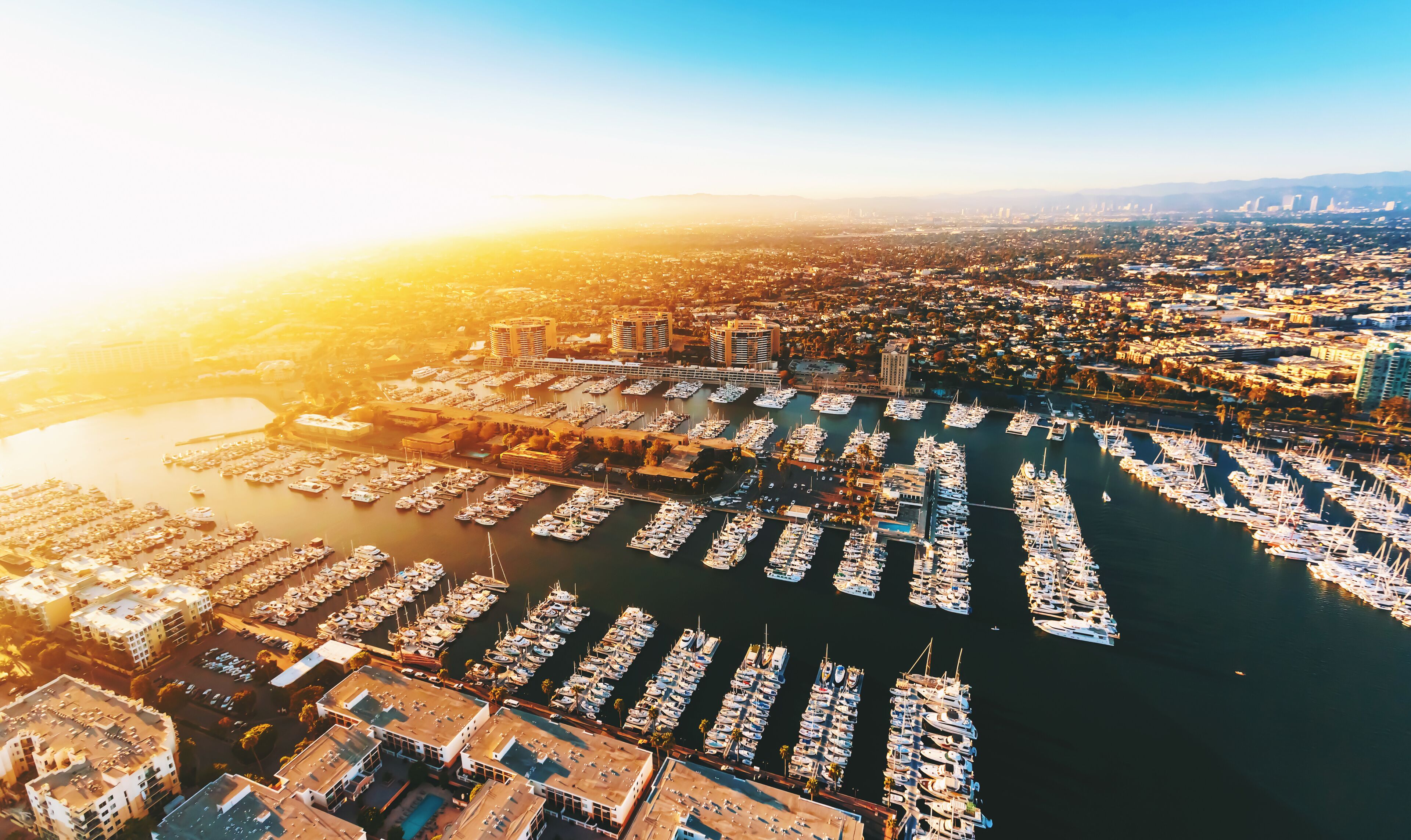 Aerial view of the Marina del Rey seaside community in Los Angeles