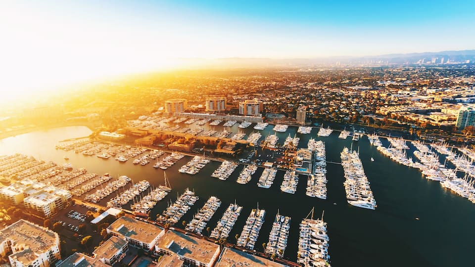 Aerial view of the Marina del Rey seaside community in Los Angeles