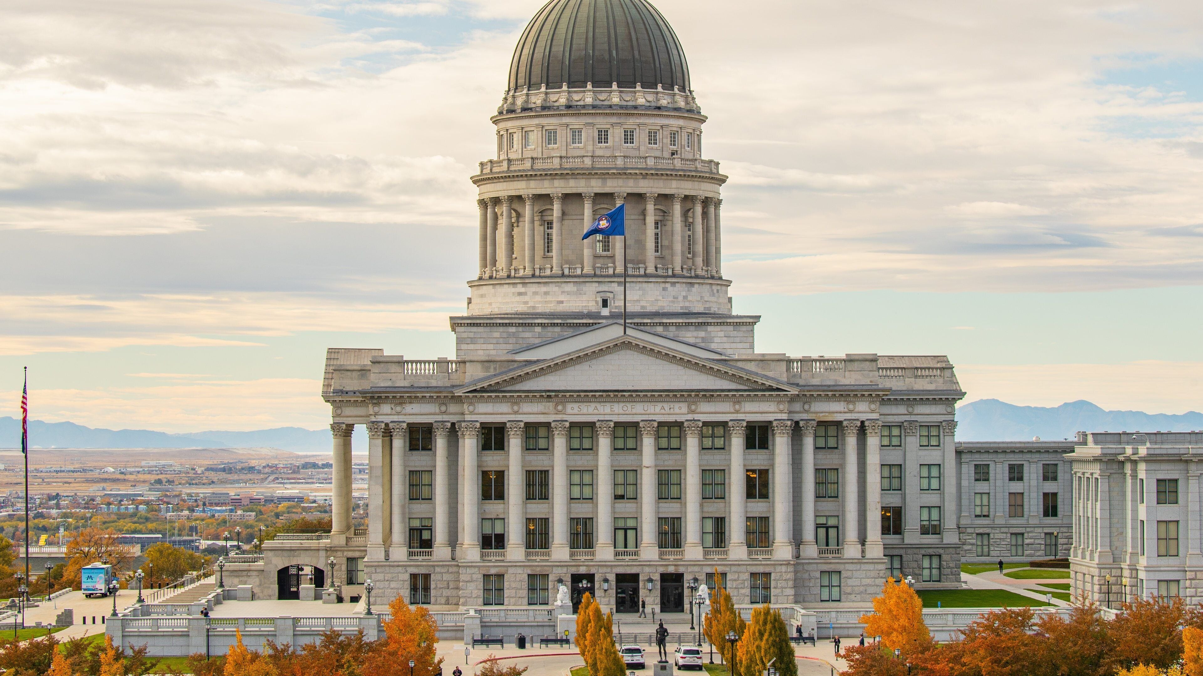 The Utah State Capitol building with a large dome and columns.