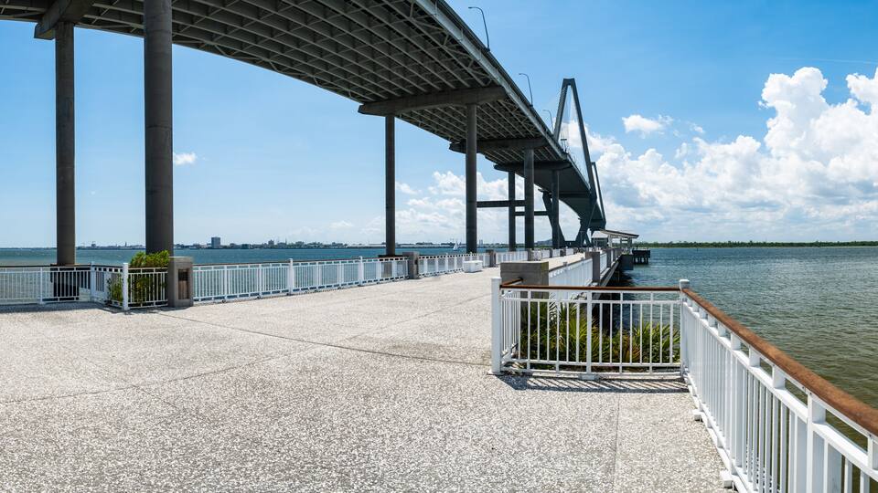 Panoramic view of the Arthur Ravenel Bridge from the Mount Pleasant Pier in Charleston, South Carolina