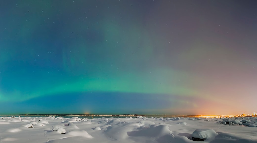 The northern lights shine above the anchorage city skyline in this nighttime view from the tony knowles coastal trail in winter; Anchorage alaska united states of america