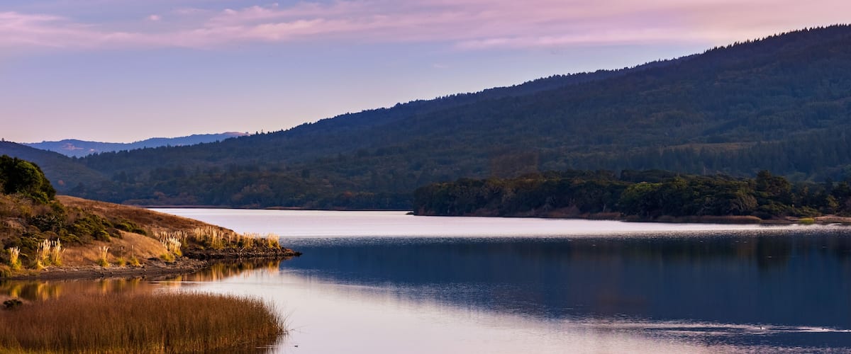 Sunset view of Crystal Springs Reservoir, San Francisco bay area, California
