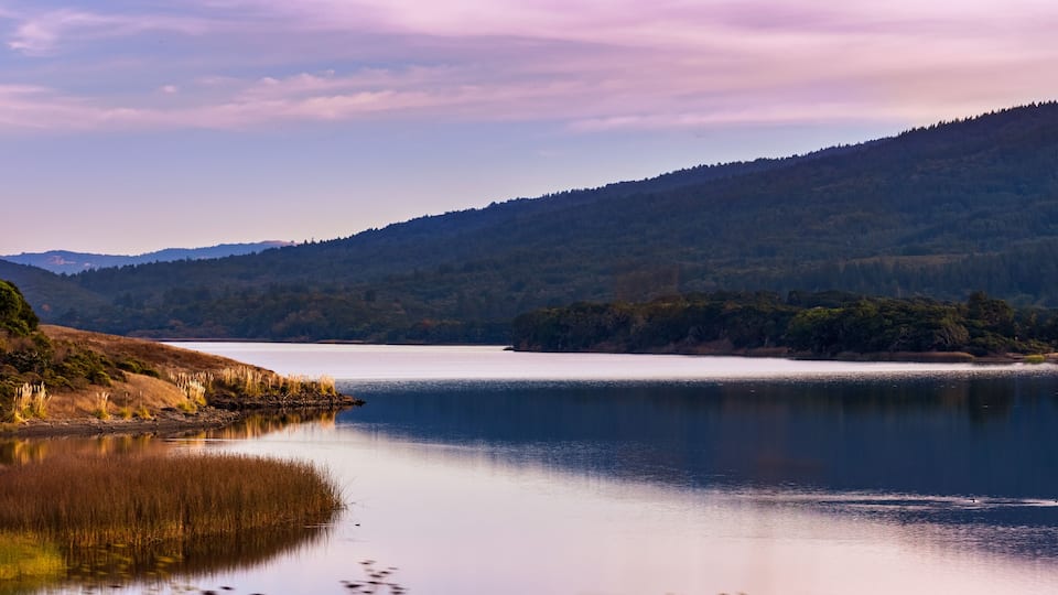 Sunset view of Crystal Springs Reservoir, San Francisco bay area, California