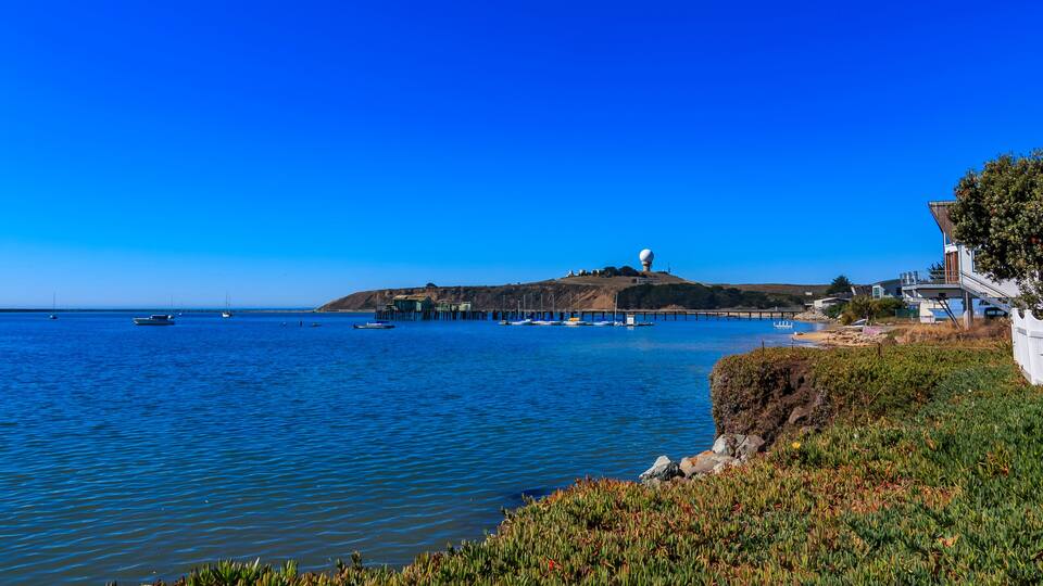 View onto the in Princeton Pillar Point Air Force tracking station radar dome across the water in Half Moon Bay