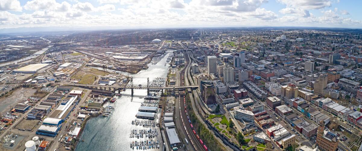 Tacoma, Washington Aerial Overview City Downtown