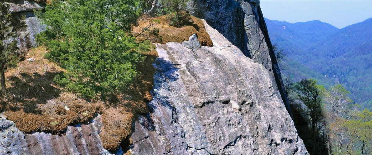 USA, North Carolina, Chimney Rock. The sheer, rocky summit of North Carolina's Chimney Rock, looks over acres and acres of pine forest