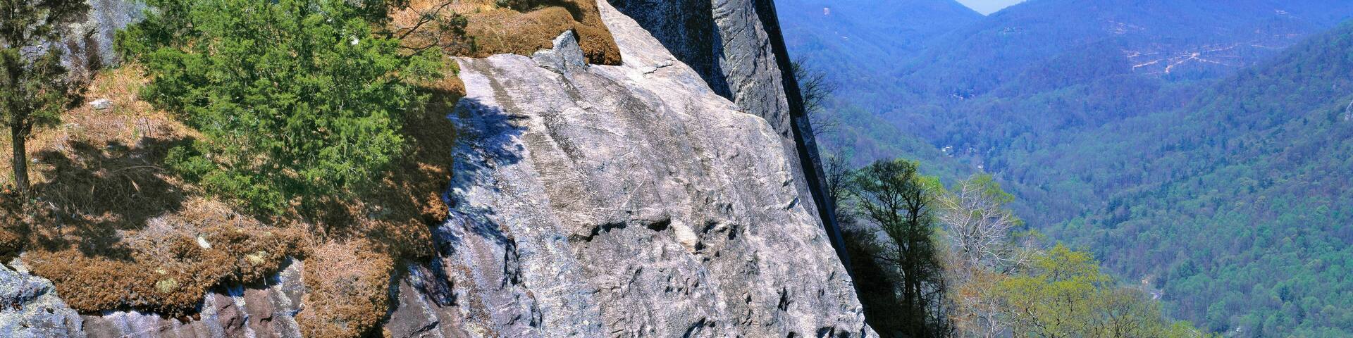 USA, North Carolina, Chimney Rock. The sheer, rocky summit of North Carolina's Chimney Rock, looks over acres and acres of pine forest