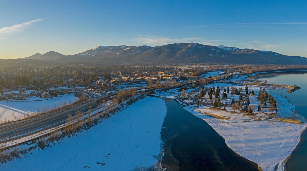 Sandpoint Idaho USA Pano Drone View Lake Pend Oreille Snowy Winter Sunset Cityscape