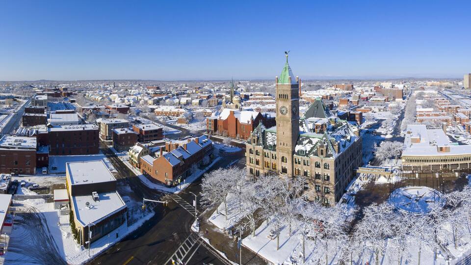 Lowell City Hall and downtown aerial view panorama in downtown Lowell, Massachusetts, USA.