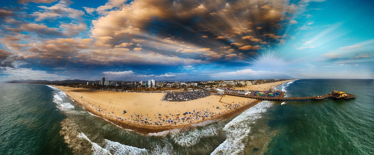 Santa Monica Pier and Beach, CA. Sunset panoramic aerial view