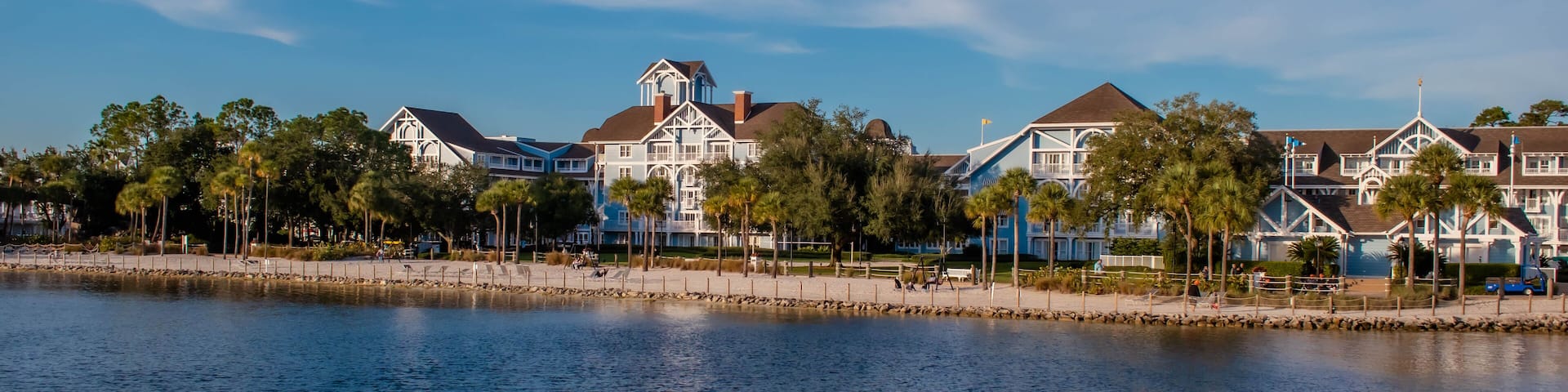 Panoramic view of colorful Resort Villas at Lake Buena Vista area.