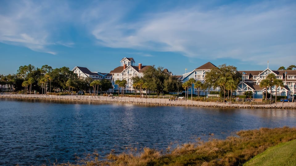 Panoramic view of colorful Resort Villas at Lake Buena Vista area.