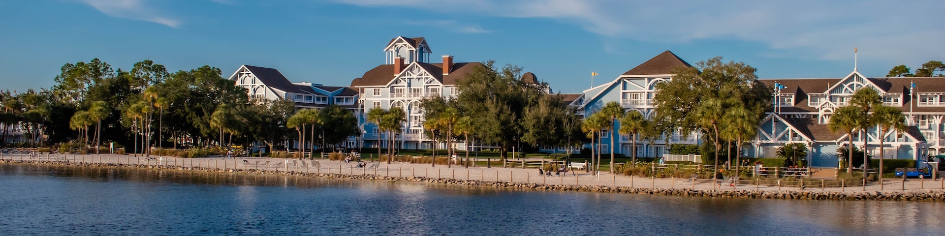 Panoramic view of colorful Resort Villas at Lake Buena Vista area.