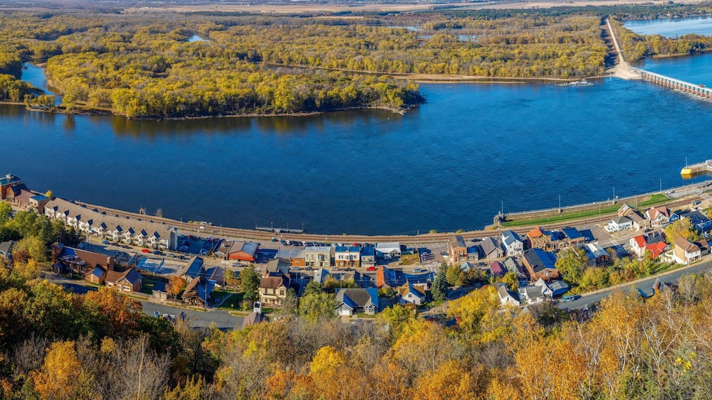 Ariel panorama view from Buena Vista Park during autumn of the Mississippi river at Alma Wisconsin