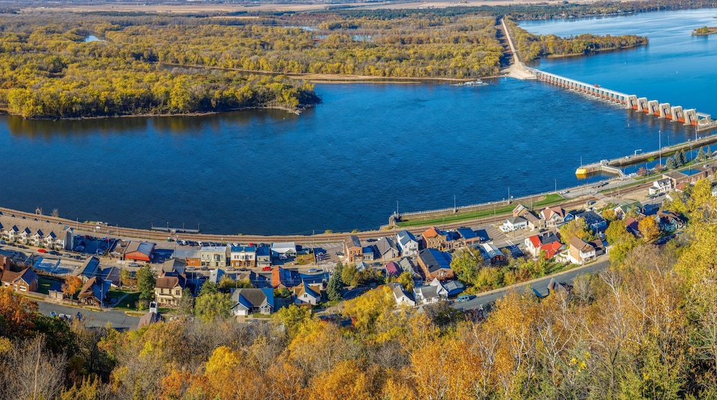 Ariel panorama view from Buena Vista Park during autumn of the Mississippi river at Alma Wisconsin