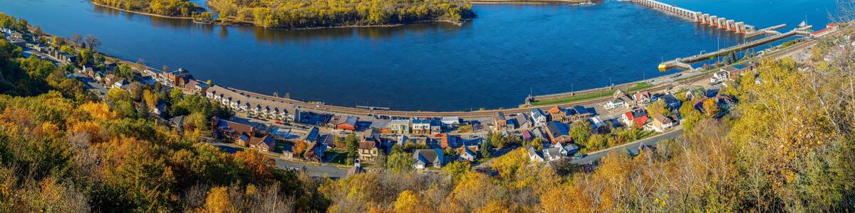 Ariel panorama view from Buena Vista Park during autumn of the Mississippi river at Alma Wisconsin