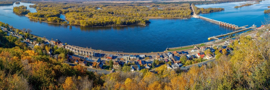 Ariel panorama view from Buena Vista Park during autumn of the Mississippi river at Alma Wisconsin