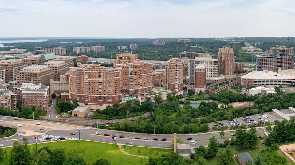 The skyline of Alexandria, Virginia, USA and surrounding areas as seen from the top of the George Washington Masonic Temple.