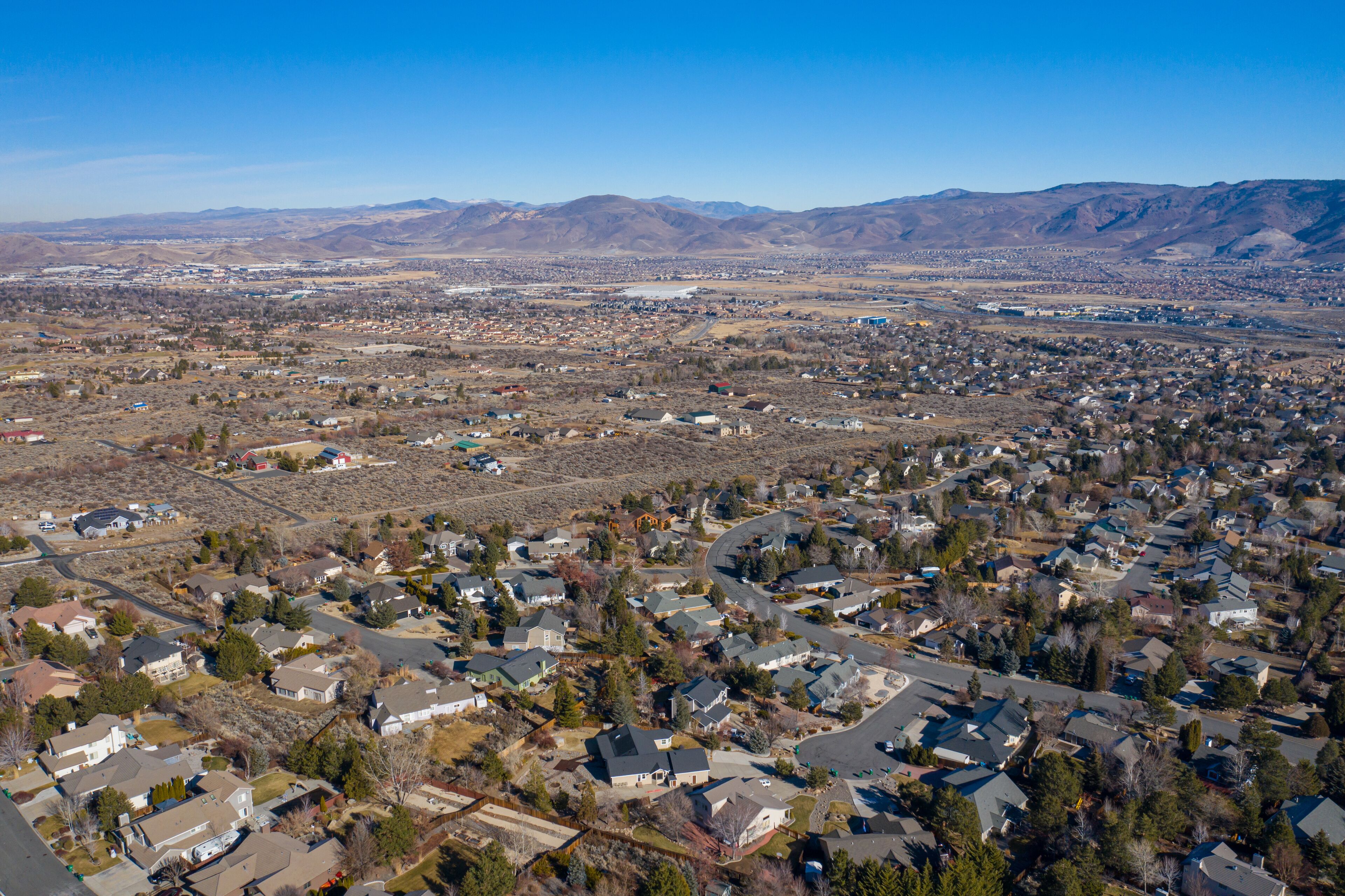 An aerial view of Reno's southern Galena neighborhood facing the mountains to the northeast.