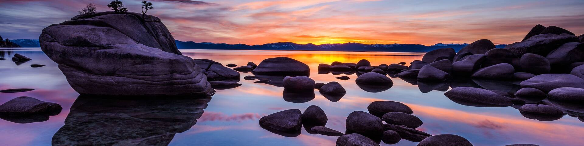 View of Bonsai Rock in Lake Tahoe during sunset