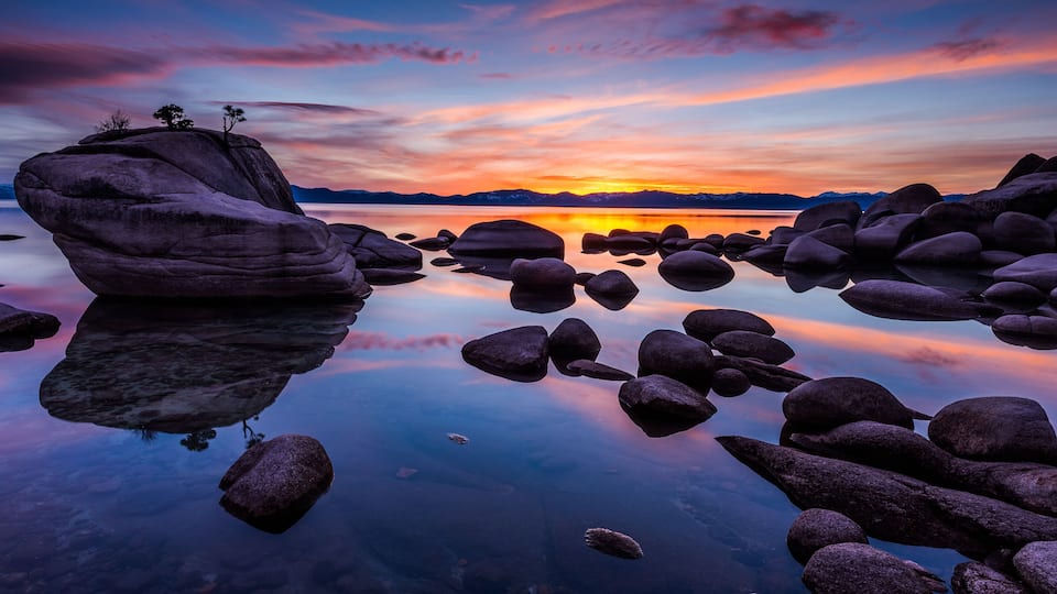 View of Bonsai Rock in Lake Tahoe during sunset