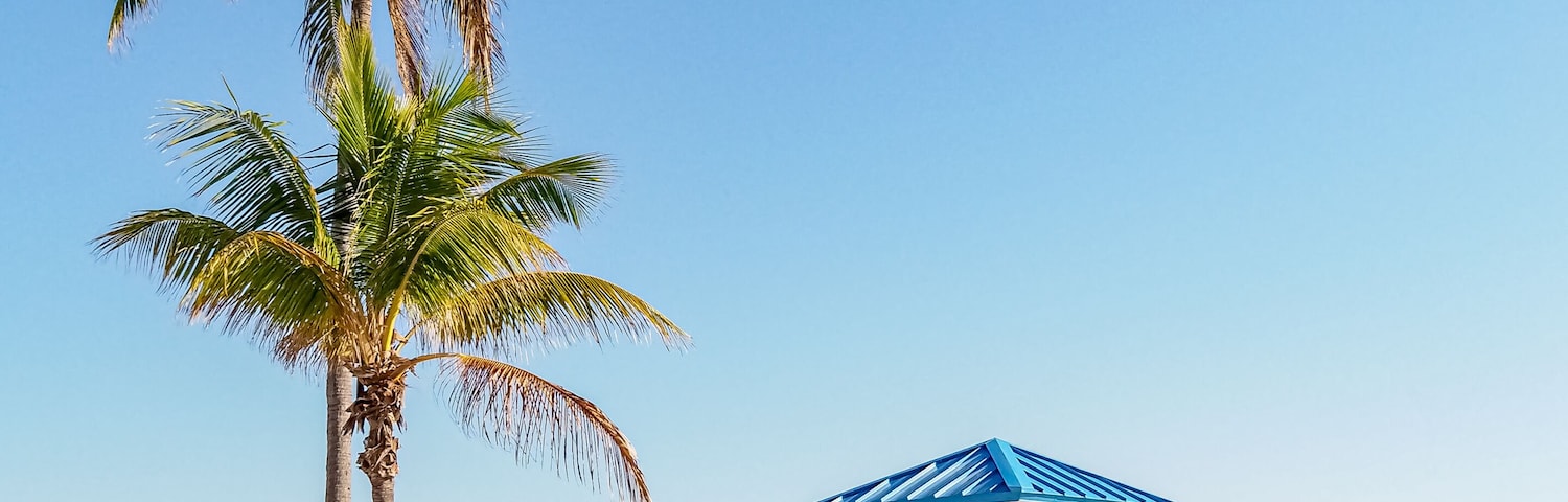 Colorful blue and yellow lifeguard station on beach with palm trees and blue sky copy space.