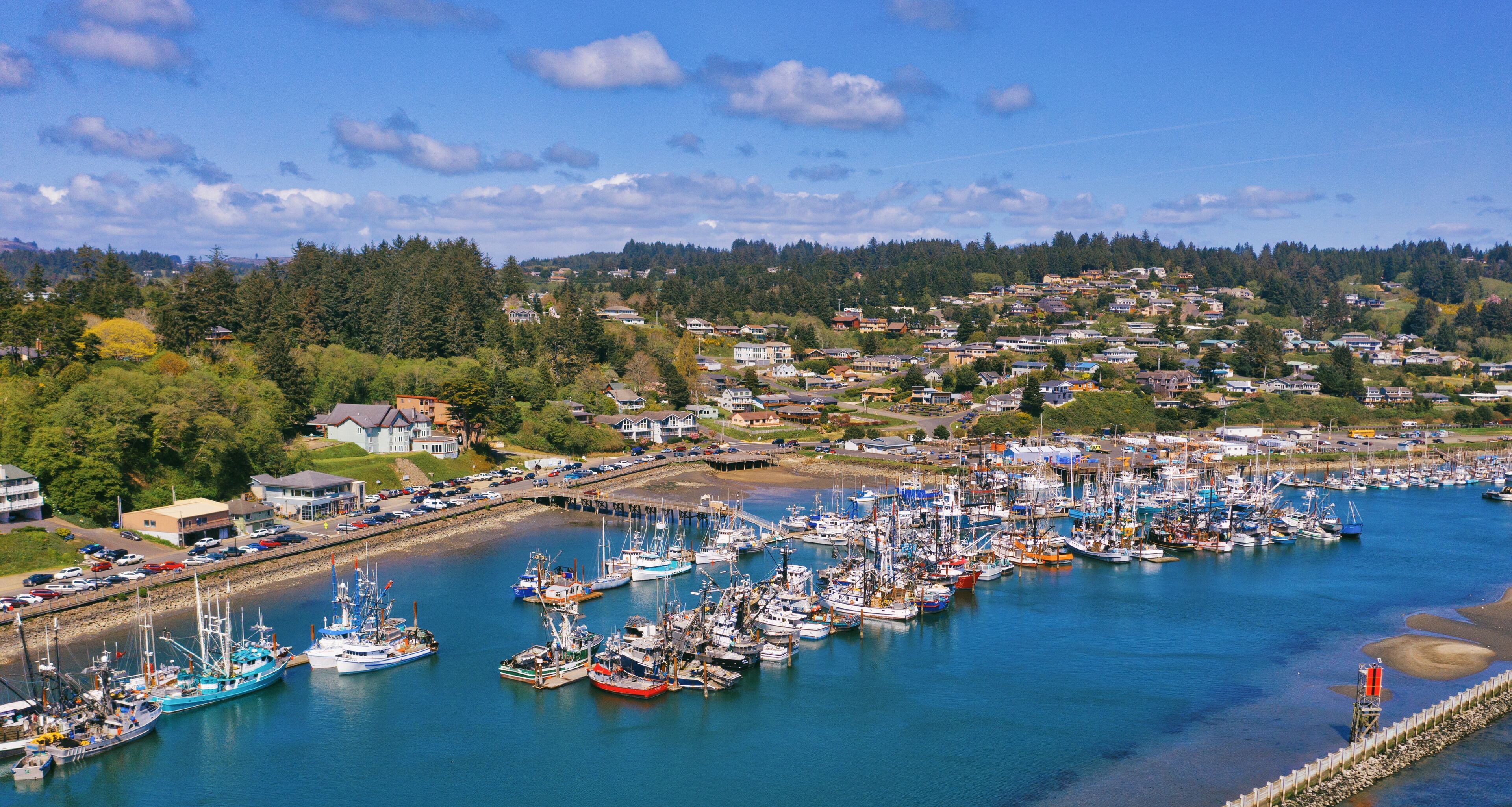 Aerial of harbor in Newport, Oregon