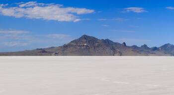 Scenic panoramic view of Bonneville salt flats in Utah during sunny summer day.