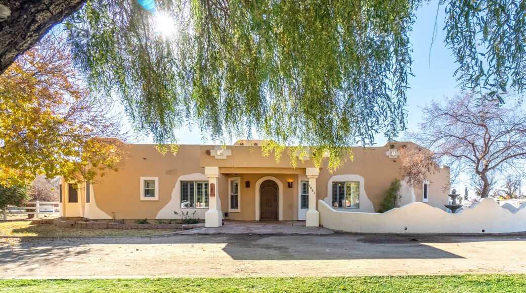 Front of a Spanish house with a big tree