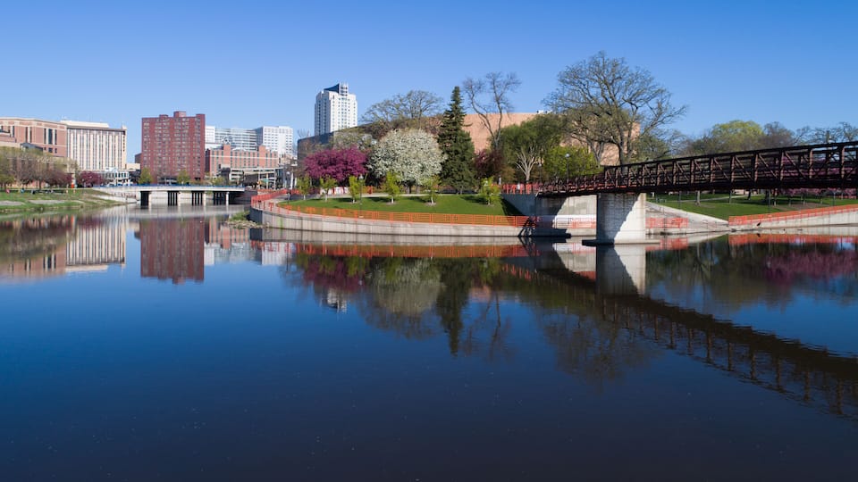 Rochester, Minnesota. Civic Center, River, Skyline