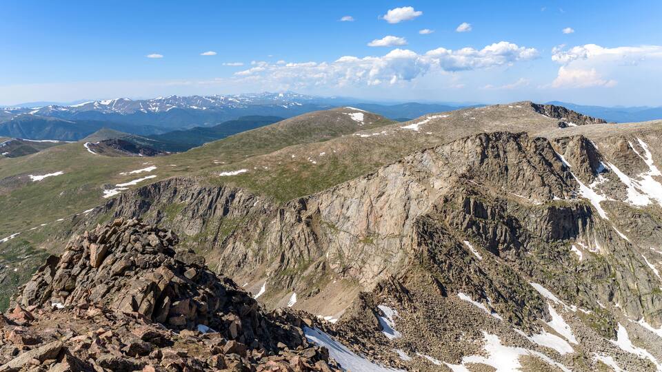 Rugged Mountain Ridge - Overview of a rocky ridge, Sawtooth, linking between the summit of Mount Bierstadt, 14,065 ft, and the west ridge of Mount Evans, 14,265 ft, seen from summit of Mount Bierstadt
