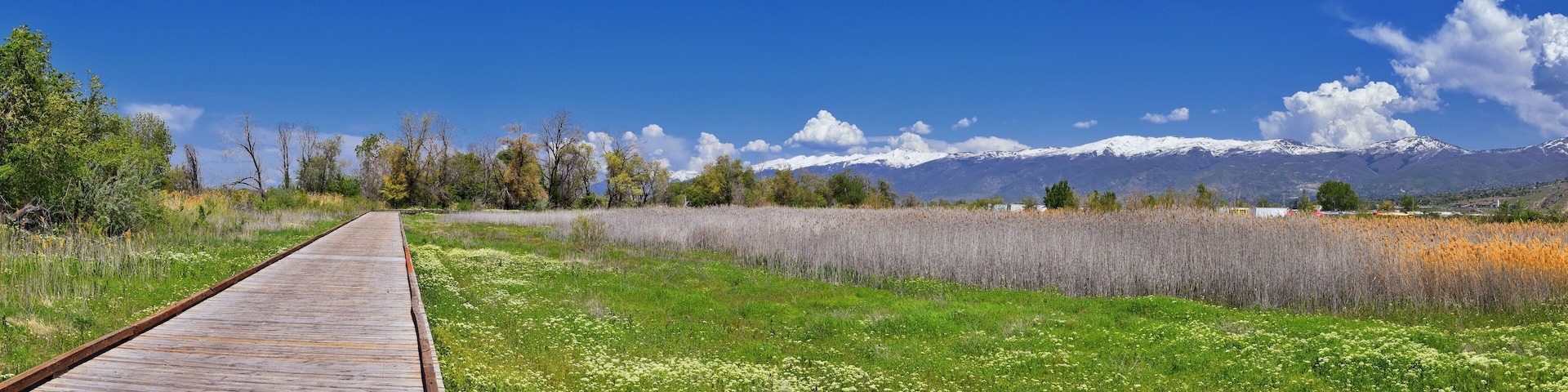 Jordan River Parkway Trail, Redwood Trailhead bordering the Legacy Parkway Trail, panorama views with surrounding trees and silt filled muddy water along the Rocky Mountains, Salt Lake City, Utah.