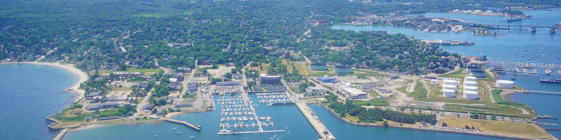 Landscape of Fore river and Portland Harbor and Downtown in Maine
