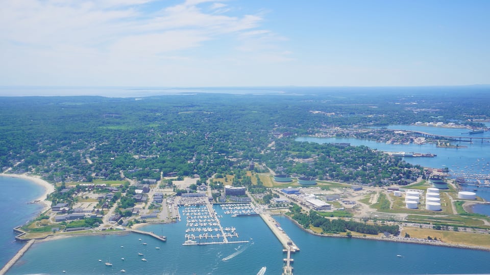 Landscape of Fore river and Portland Harbor and Downtown in Maine