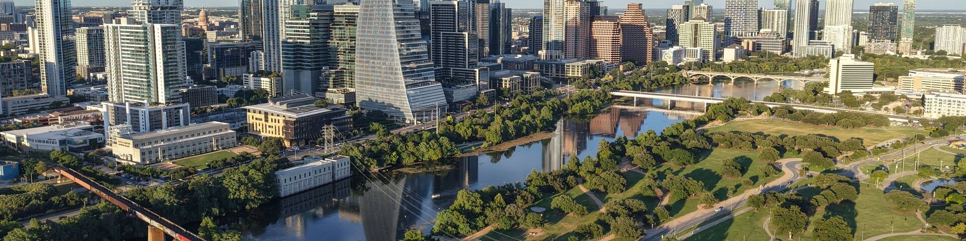 Beautiful Austin skyline during sunset with a stunning aerial drone view